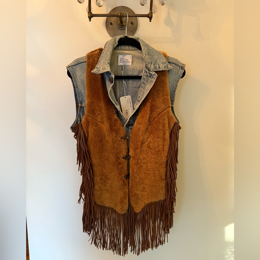 Brown Fringe Vest with Denim Accents